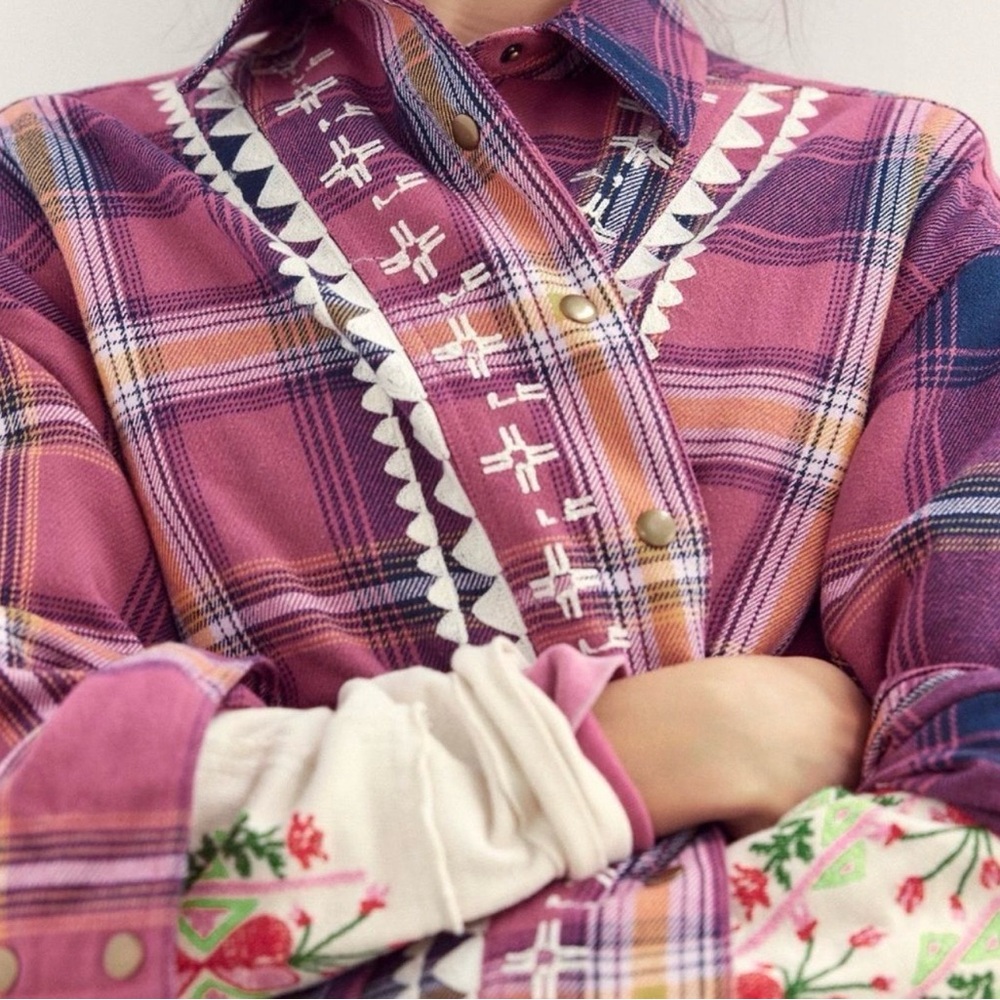 Free People Nordic Chill Plaid Flannel oversized Shirt Jacket size Small - Picture 2 of 11